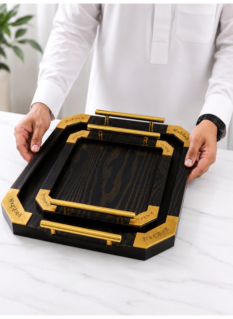 2-Piece Rectangular Wooden Serving Tray Set with Gold Metal Handles & Corners (Large & Small) - Black & Gold - Image 3