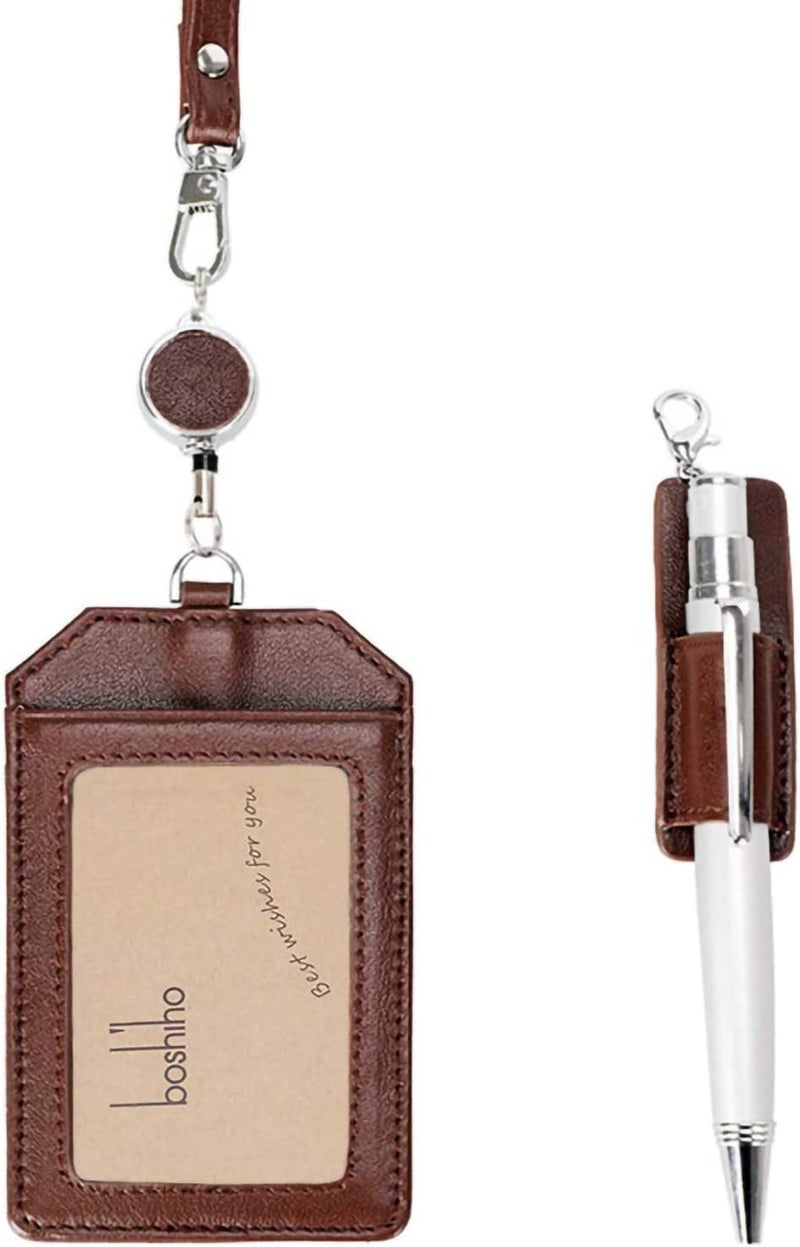 Excefore Office Badge Holder, Retractable Badge Holders with Pen HolderGenuine Leather Credit ID Card Holder with Stretch Neck Lanyard Vertical Style for Nurse, Teacher, Student, Office Worker(Brown) - Image 1