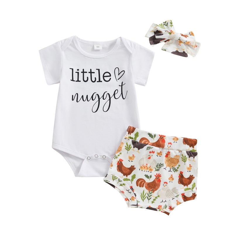 Children''s Wear 2024 Summer Girls'' Letter Print Short-sleeved Hatshirt Chicken Print Shorts Hair Band Three-piece Set - Image 1