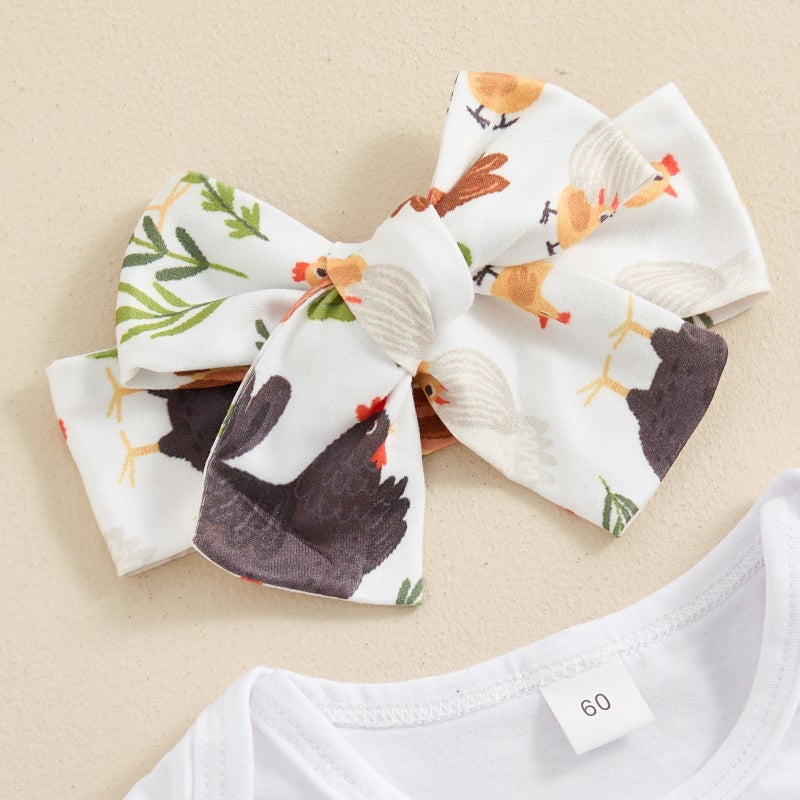 Children''s Wear 2024 Summer Girls'' Letter Print Short-sleeved Hatshirt Chicken Print Shorts Hair Band Three-piece Set - Image 4