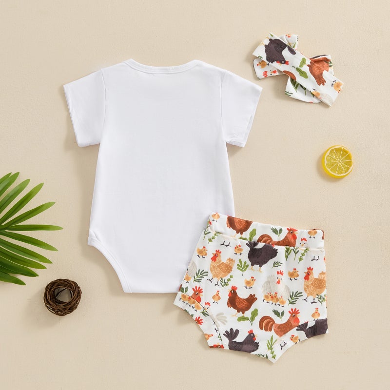 Children''s Wear 2024 Summer Girls'' Letter Print Short-sleeved Hatshirt Chicken Print Shorts Hair Band Three-piece Set - Image 3