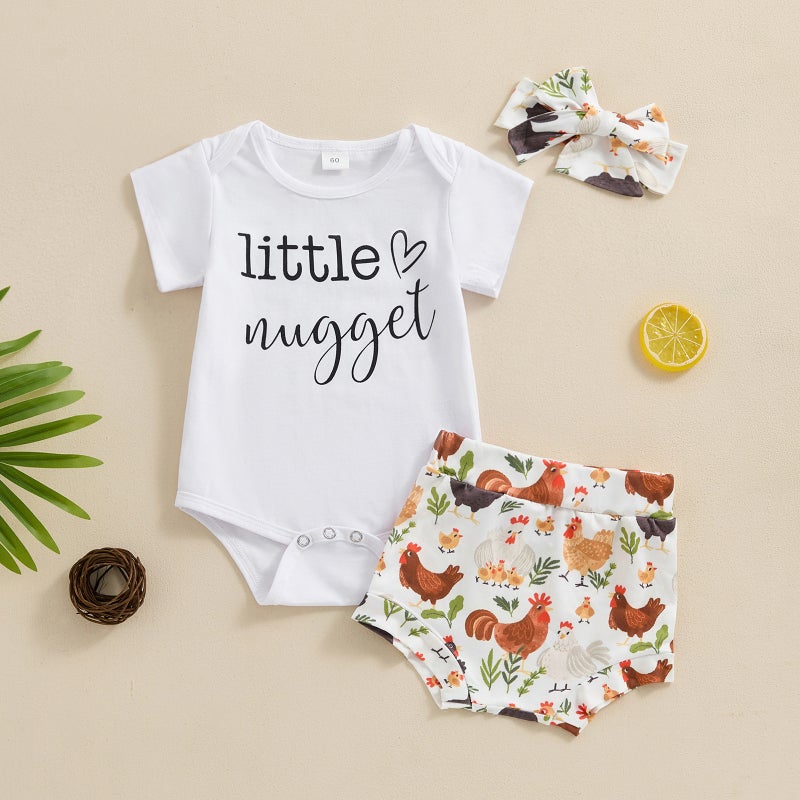 Children''s Wear 2024 Summer Girls'' Letter Print Short-sleeved Hatshirt Chicken Print Shorts Hair Band Three-piece Set - Image 2