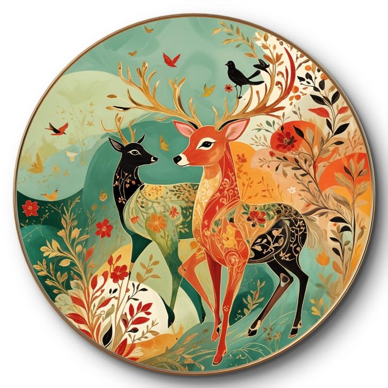 SAF لوحة جدارية كبيرة مستديرة للحياة البرية مع إطار ذهبي - لوحة فنية من الفينيل اللامع - Image 1