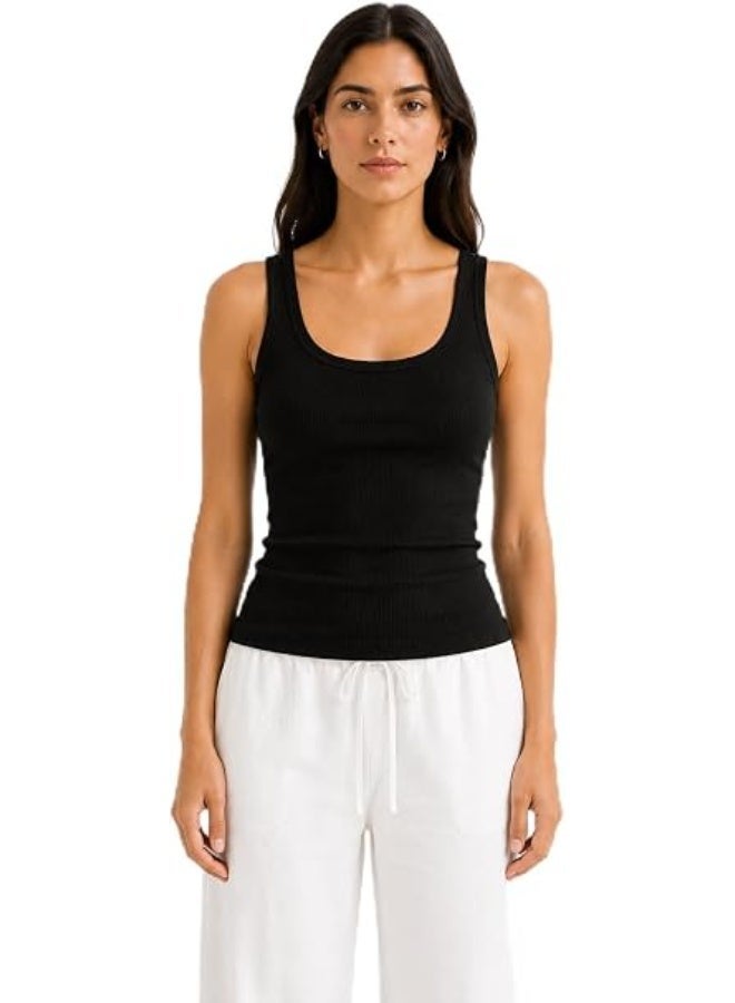 Nileton Women's Basic Ribbed Knit - Cotton Round Neck Tank Top - Slim Fit Sleeveless Stretchy Fitted Casual Everyday Tank - Image 1