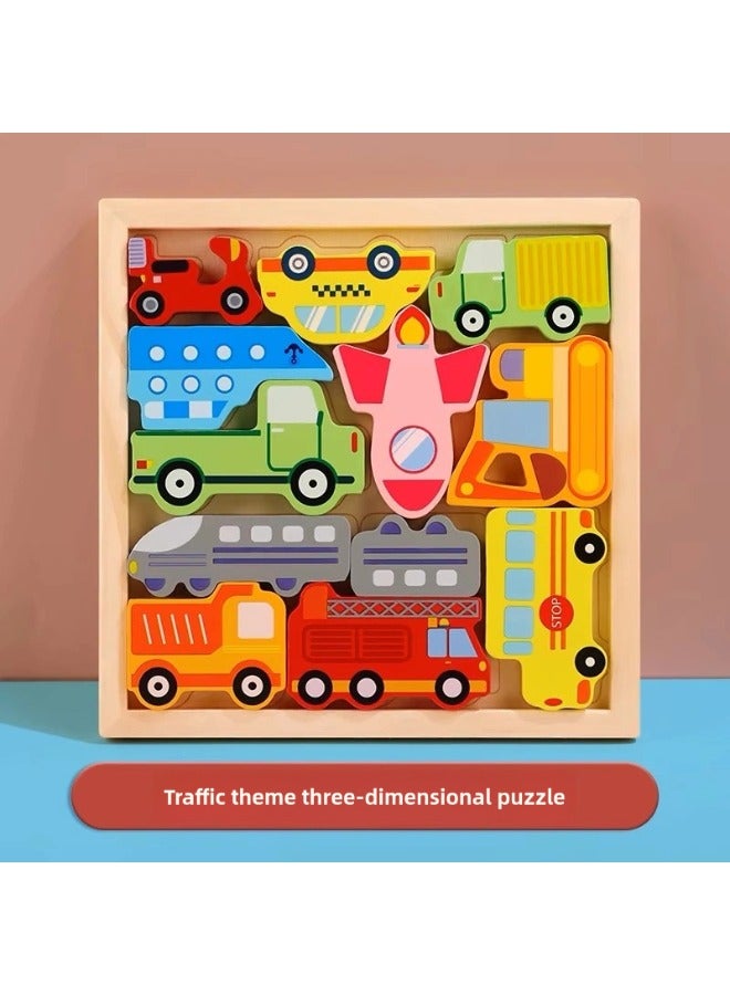 3D Cartoon Cognition Wooden Large Particle Puzzle for Kids Ages 2-4 Toys Parent-Child Interactive Montessori Toys for Children Learning Traffic Tools Police Car Truck Ship Train Fire Engine Excavator Plane and Color Early Education Toy - Image 1