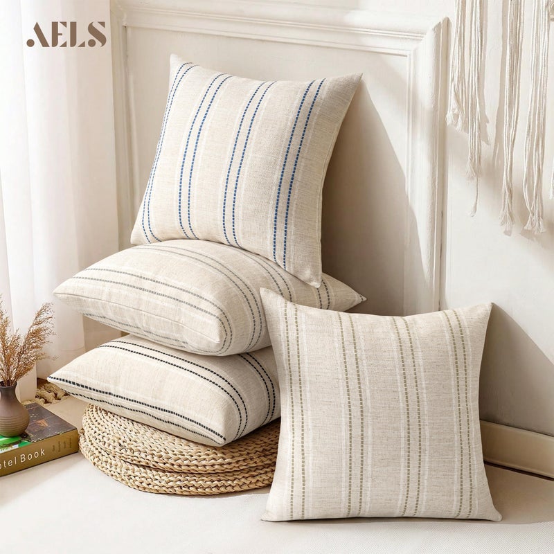 AELS 16x16 Decorative Farmhouse Linen Blend Throw Pillow Covers, Boho Textured Pillow Case, Set of 2, Beige with White & Gray Stitch Yarn Dyed Stripe Cushion Cover for Sofa Living Room (Cover ONLY) - Image 5