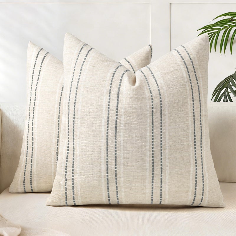 AELS 16x16 Decorative Farmhouse Linen Blend Throw Pillow Covers, Boho Textured Pillow Case, Set of 2, Beige with White & Gray Stitch Yarn Dyed Stripe Cushion Cover for Sofa Living Room (Cover ONLY) - Image 1