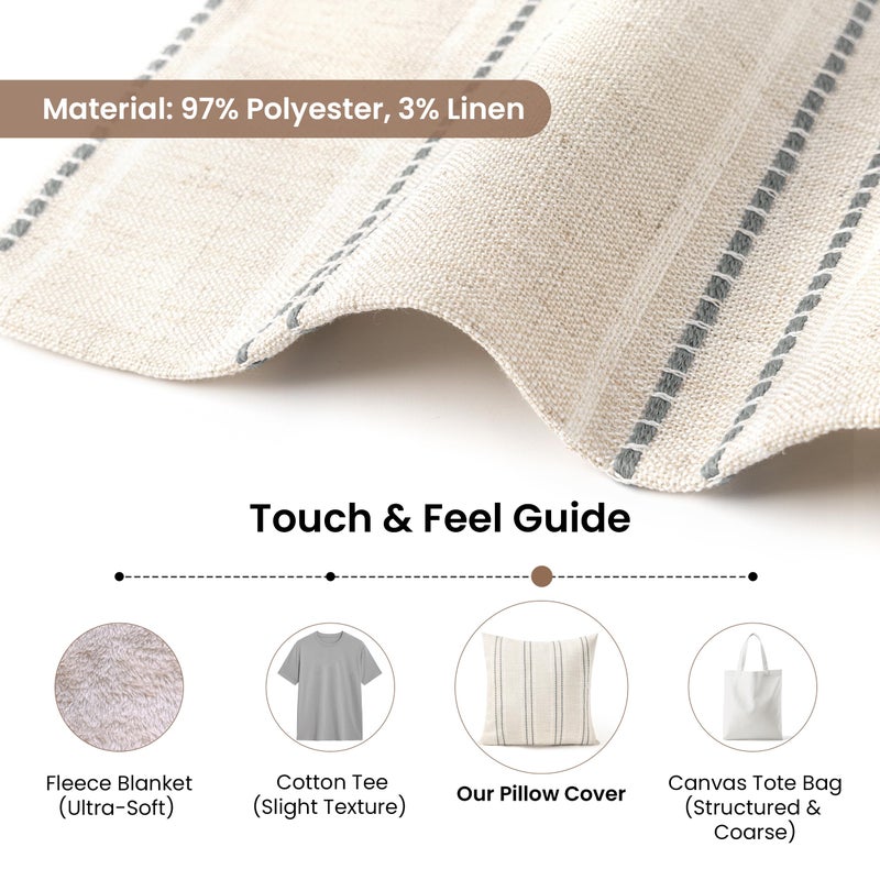 AELS 16x16 Decorative Farmhouse Linen Blend Throw Pillow Covers, Boho Textured Pillow Case, Set of 2, Beige with White & Gray Stitch Yarn Dyed Stripe Cushion Cover for Sofa Living Room (Cover ONLY) - Image 3