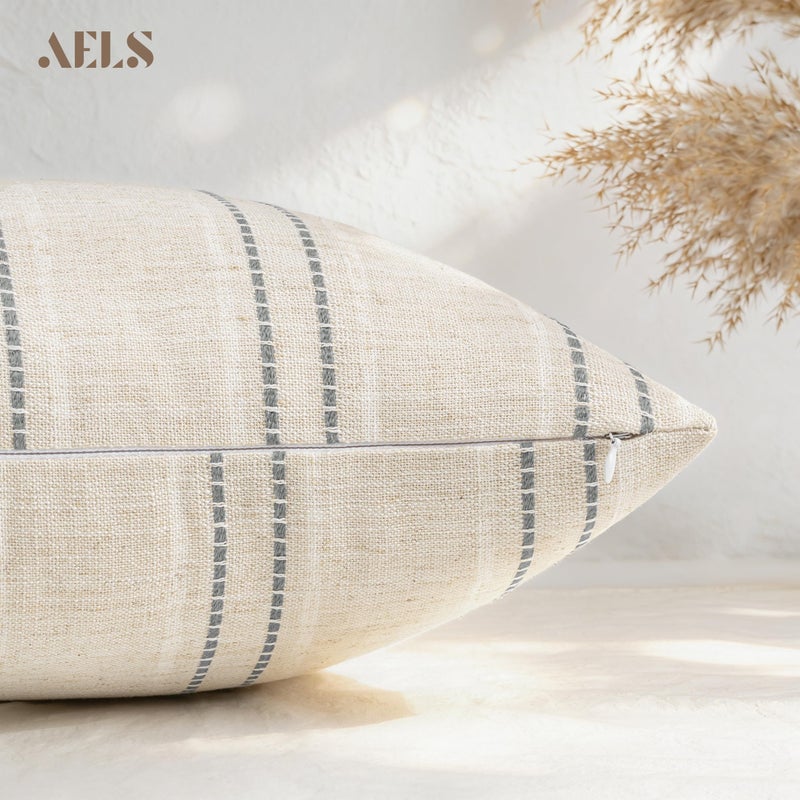 AELS 16x16 Decorative Farmhouse Linen Blend Throw Pillow Covers, Boho Textured Pillow Case, Set of 2, Beige with White & Gray Stitch Yarn Dyed Stripe Cushion Cover for Sofa Living Room (Cover ONLY) - Image 4