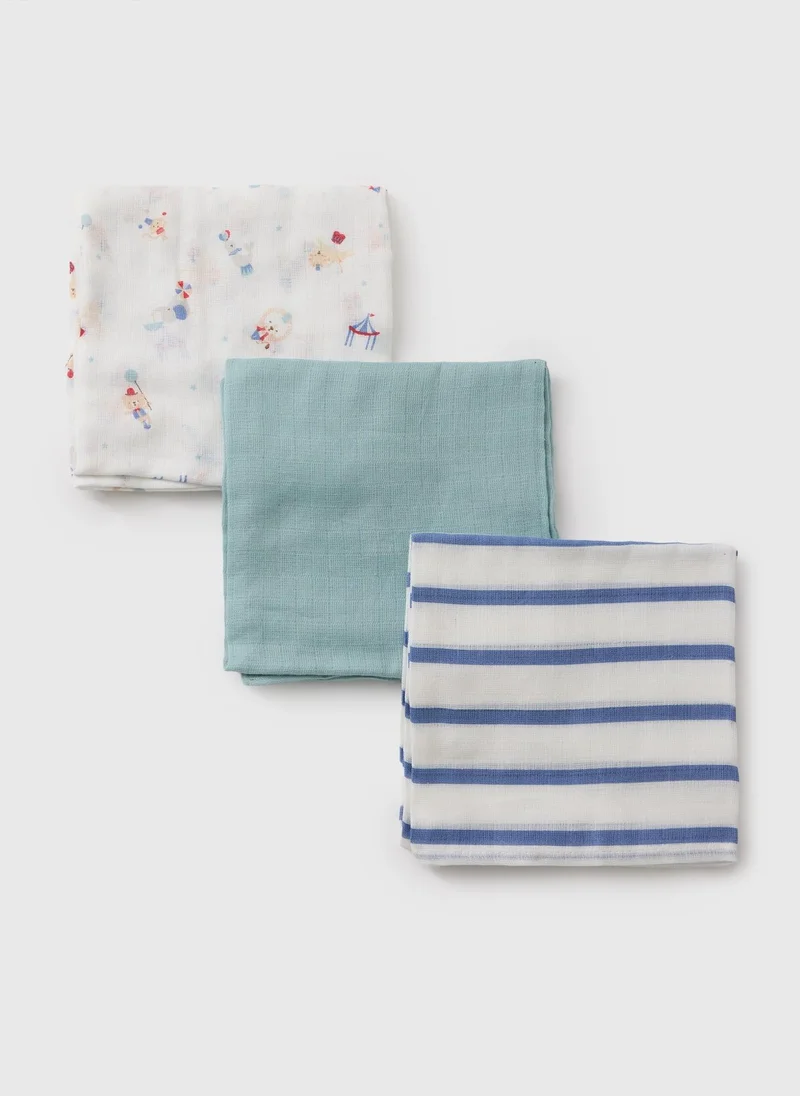 Matalan 3 Pack Baby Blue Muslin Squares