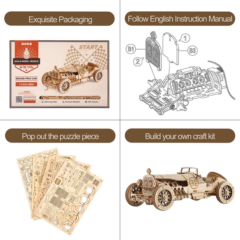 ROKR 3D Wooden Puzzle for Adults-Mechanical Car Model Kits-Brain Teaser Puzzles-Vehicle Building Kits-Unique Gift for Adults on Birthday/Christmas Day(1:16 Scale)(MC401-Grand Prix Car) - Image 4