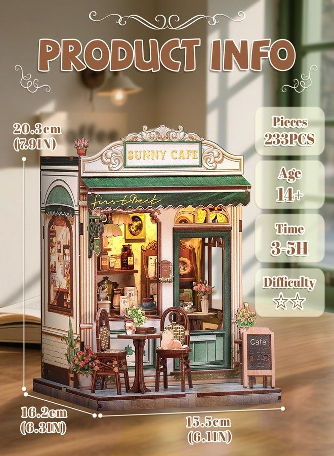 Cutefun Book Nook Kit - DIY Miniature Coffee Shop Dollhouse Kit for Adults and Teens, 3D Wooden Cafe Puzzle Mini House Building Kit with LED Bookshelf Insert Decor Creative Gifts (Sunny Cafe) - Image 3