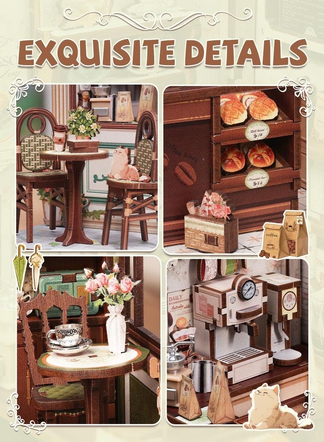 Cutefun Book Nook Kit - DIY Miniature Coffee Shop Dollhouse Kit for Adults and Teens, 3D Wooden Cafe Puzzle Mini House Building Kit with LED Bookshelf Insert Decor Creative Gifts (Sunny Cafe) - Image 4