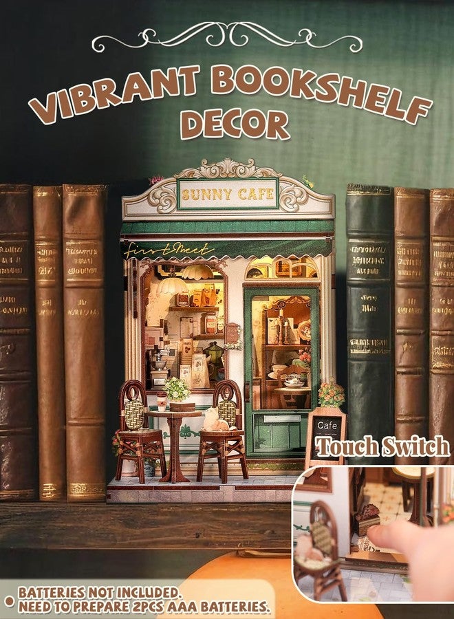 Cutefun Book Nook Kit - DIY Miniature Coffee Shop Dollhouse Kit for Adults and Teens, 3D Wooden Cafe Puzzle Mini House Building Kit with LED Bookshelf Insert Decor Creative Gifts (Sunny Cafe) - Image 2