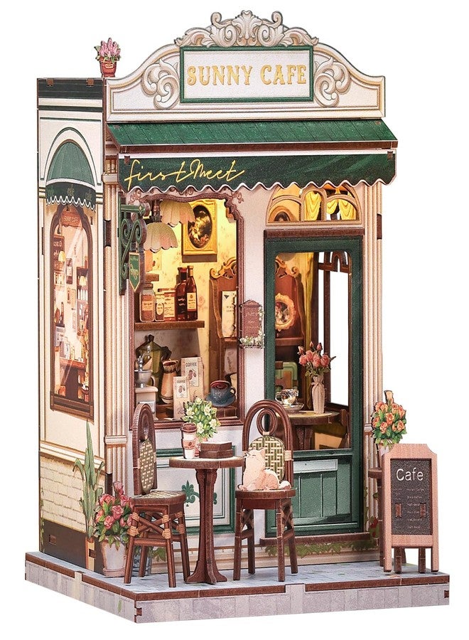 Cutefun Book Nook Kit - DIY Miniature Coffee Shop Dollhouse Kit for Adults and Teens, 3D Wooden Cafe Puzzle Mini House Building Kit with LED Bookshelf Insert Decor Creative Gifts (Sunny Cafe) - Image 1
