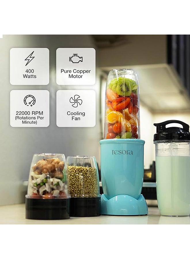 Tesora Nutri-Flash 400W Mixer(Blue)| Grinder & Blender | 2 Jar with to-Go-Lid | Serrated and Cross Blade with Detachable Base | Ss Finish  - Image 3