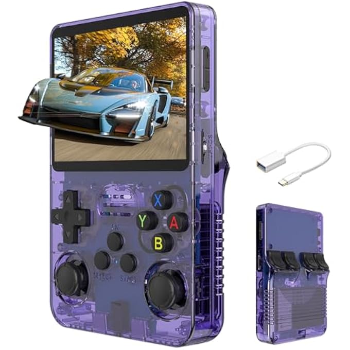 R36S HANDHELD GAME CONSOLE, RETRO HANDHELD VIDEO GAME CONSOLE 3.5 INCH IPS SCREEN OPEN SOURCE LINUX SYSTEM BUILT-IN 15000+ GAMES, 32G+64G TF CARD, PURPLE - Image 1