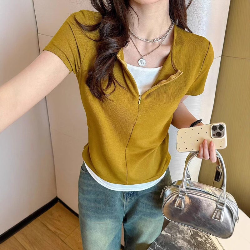 ASMI Contrast Two-Piece Half-Zip Breathable Slim Fit Short Sleeve T-Shirt for Women - Image 1