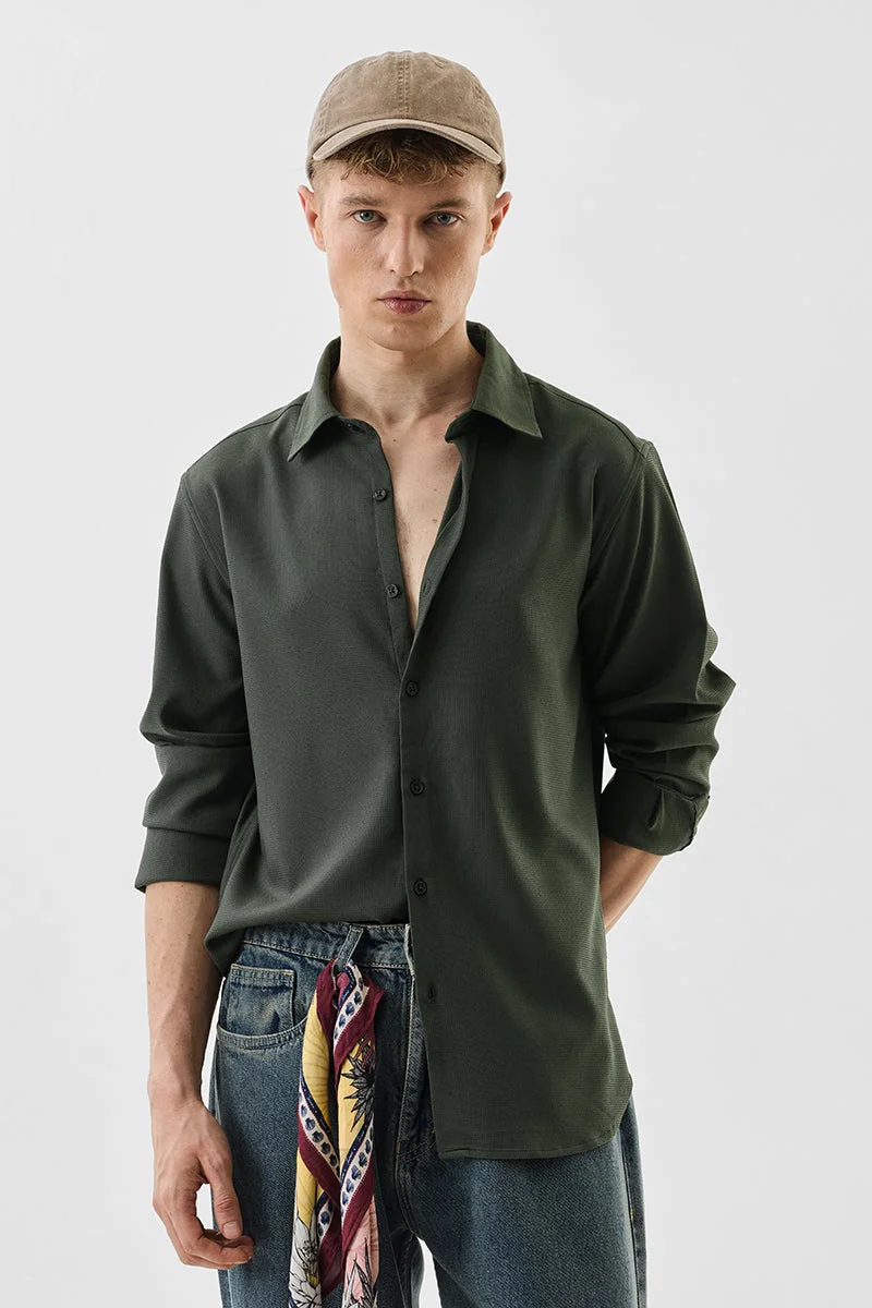 سنيتش Dark Green Solid Long Sleeve Slim Fit Shirt