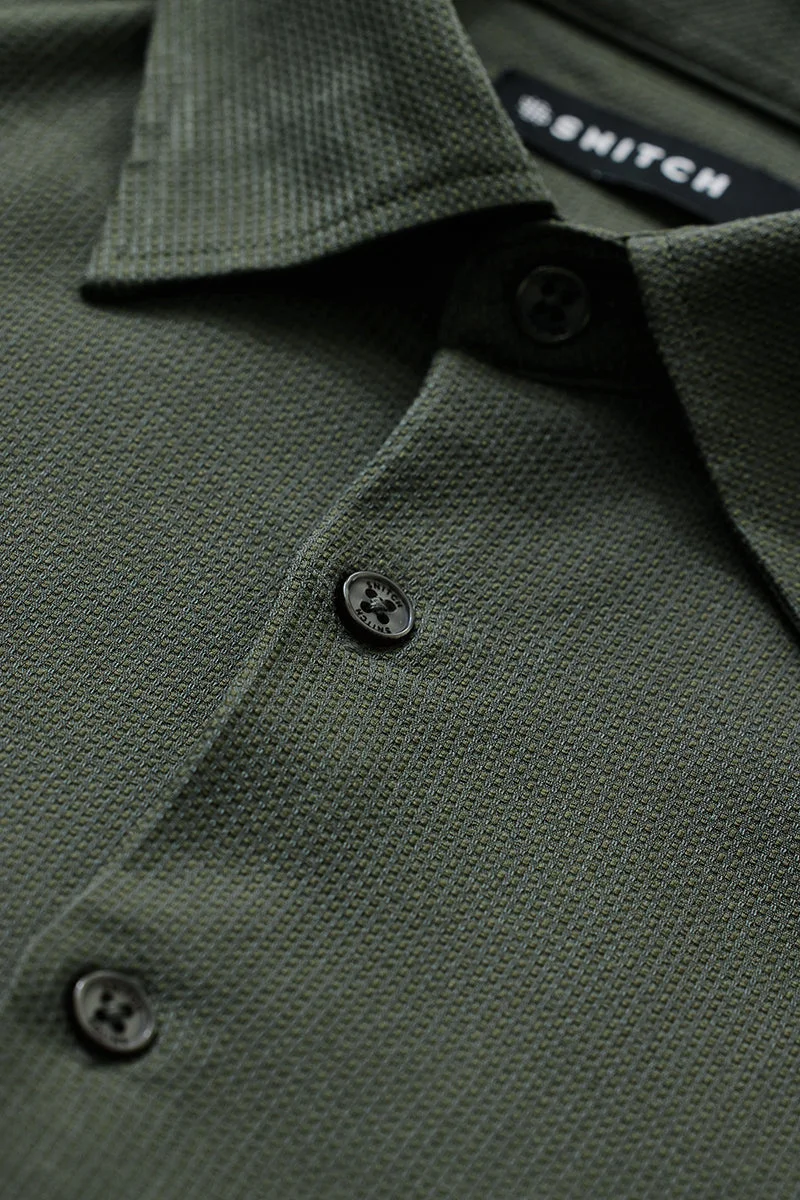 سنيتش Dark Green Solid Long Sleeve Slim Fit Shirt