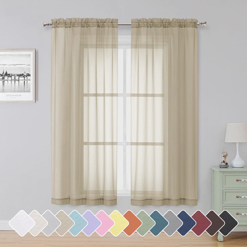 Simplebrand Taupe Sheer Curtains 63 Inch Length 2 Panels Rod Pocket Solid Color Kakhi Taupe Brown Window Sheer Curtain Panels Elegant Curtains & Drapes For Living Room Bedroom (42"" W X 63"" L) - Image 1