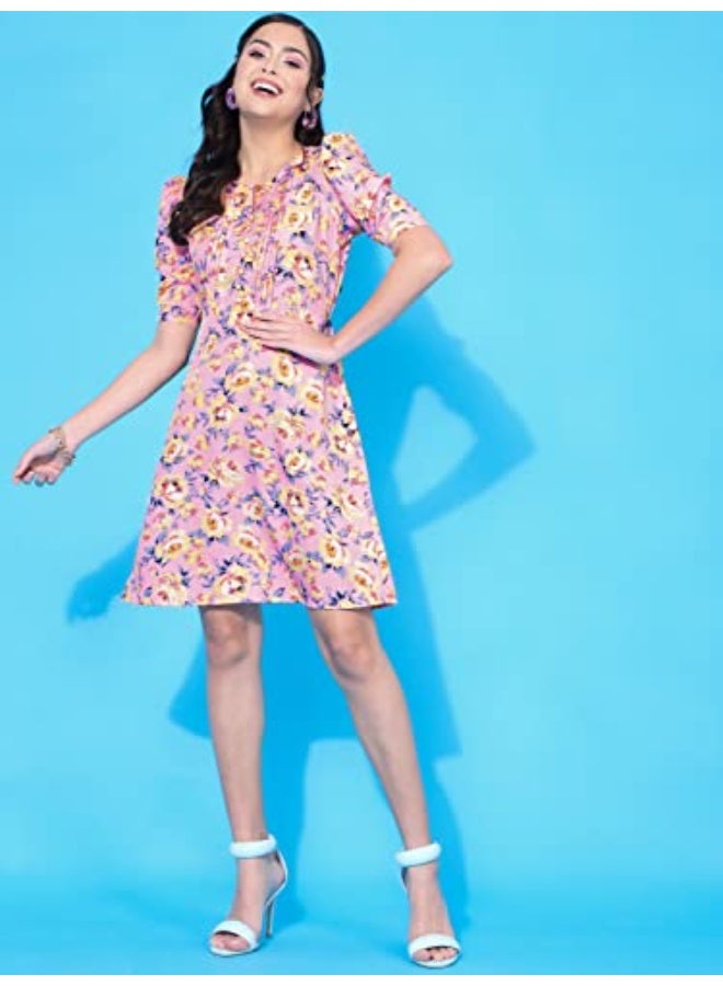 Oomph! فستان وردي قصير من قماش الكريب، بياقة دائرية وأكمام منفوخة، بتصميم رائع! - md619l - Image 4