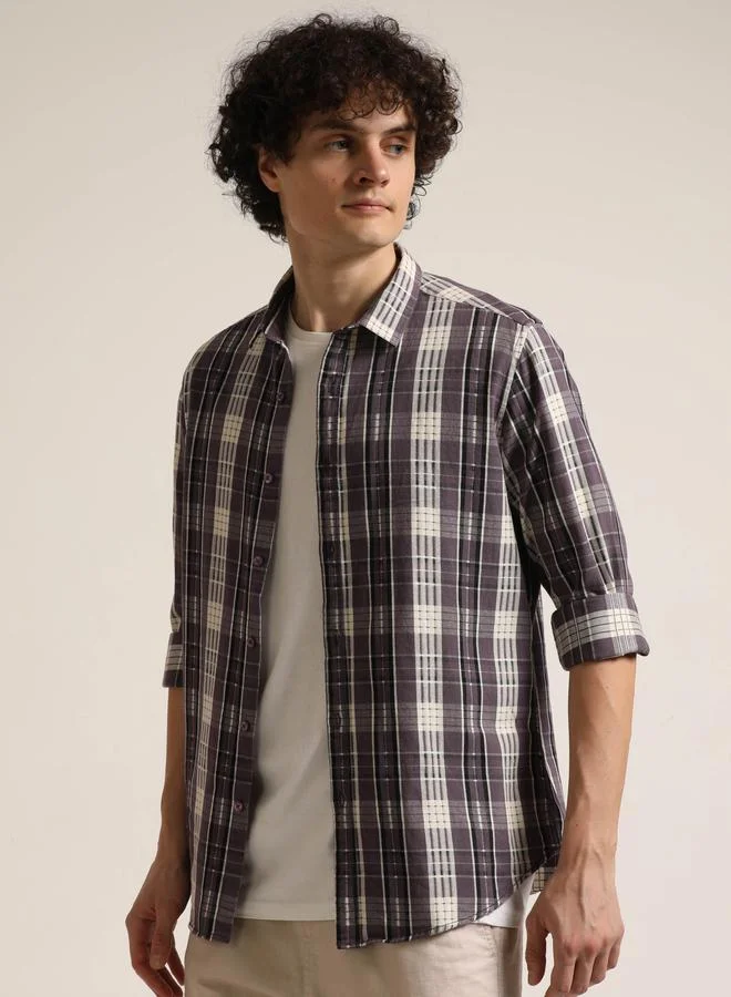 بوشيرت قميص مطبع بنمط مربعات وأكمام طويلة