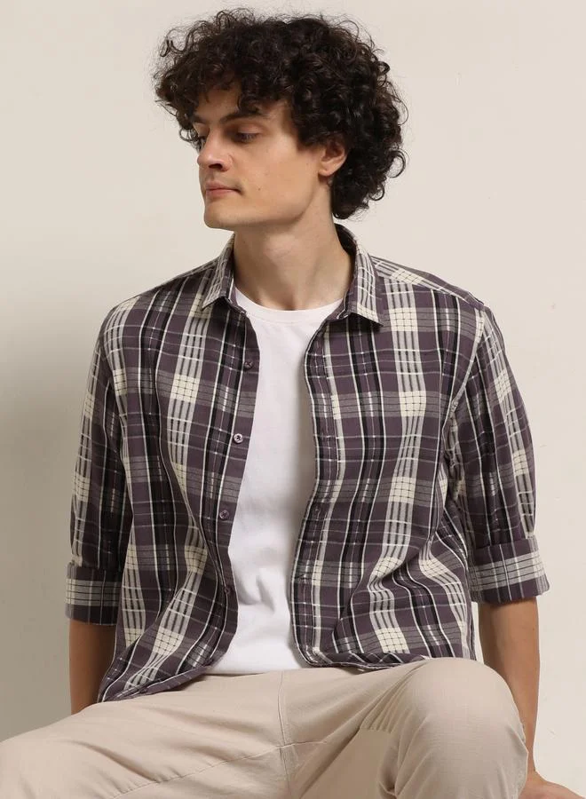 بوشيرت قميص مطبع بنمط مربعات وأكمام طويلة