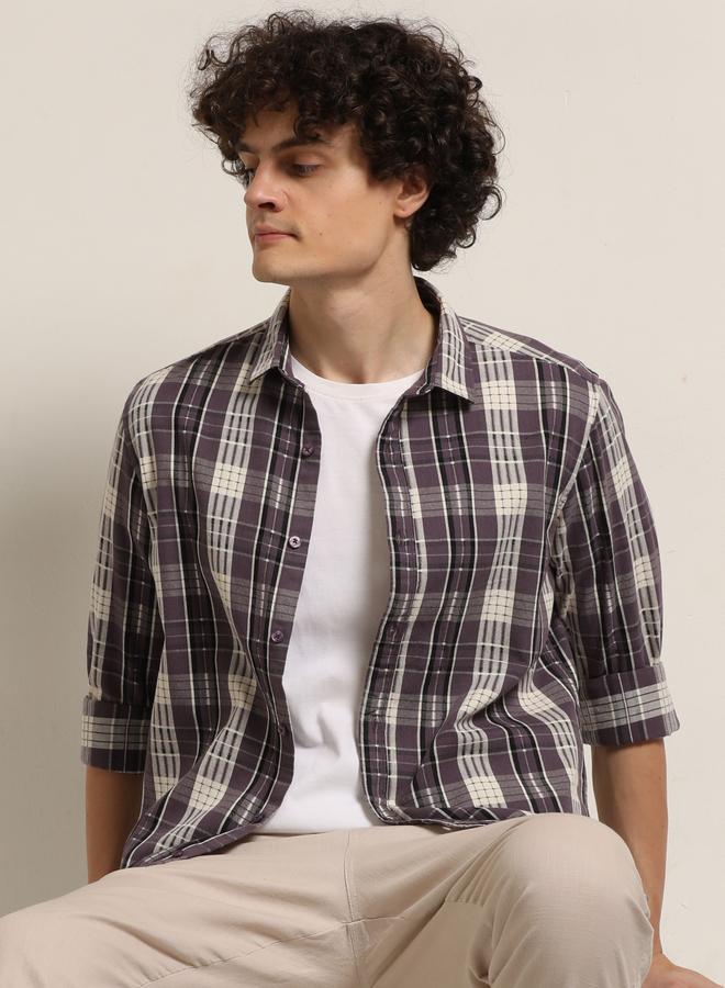 بوشيرت قميص مطبع بنمط مربعات وأكمام طويلة - Image 1