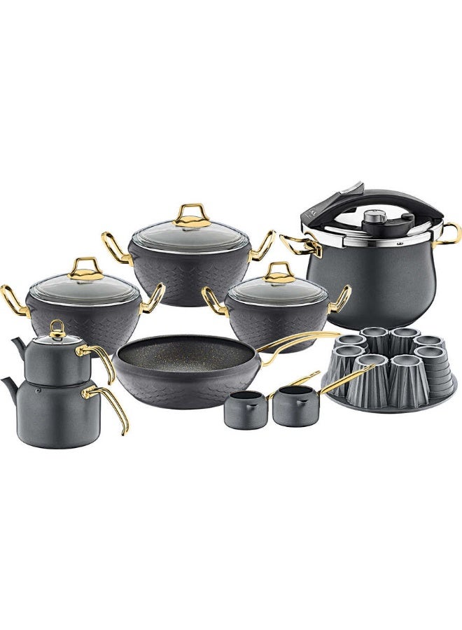 طقم أواني طهي جرانيتيك غير لاصقة بلون أنثراسيت مكون من 16 قطعة، رقم 3519 OMS.