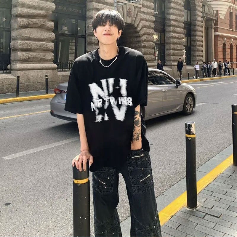 200G American High Street Graffiti Letter Short Sleeve Cotton T-Shirt Men'S And Women'S Loose Fashion Brand Hip Hop Oversize T-Shirt - Image 3