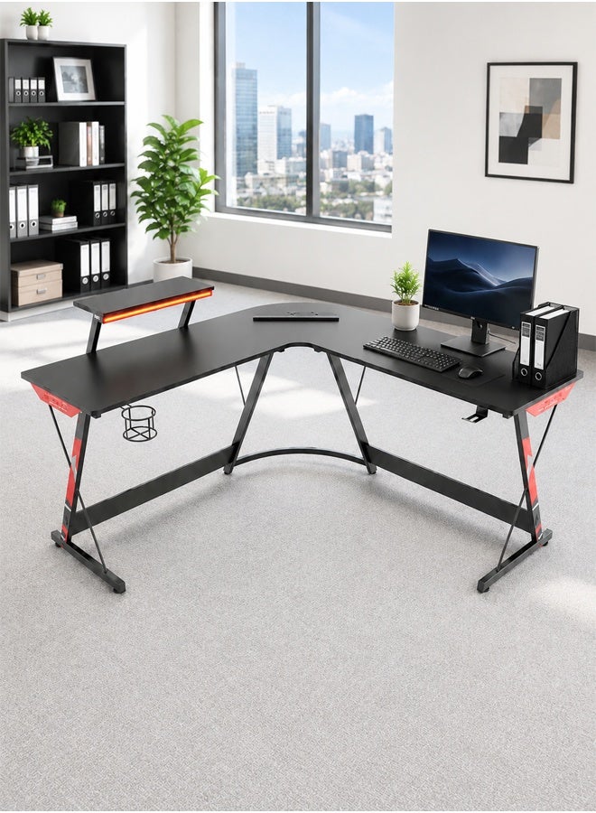 KLNAMAEAAN L-Shaped Gaming Desk with RGB LED Lights, Power Outlet & USB Ports, 15mm Carbon Fiber Desktop, Monitor Stand, Cup Holder, Corner Computer Desk for Gaming, Home Office & Study Room - Image 1