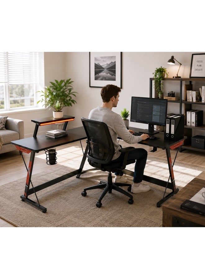 KLNAMAEAAN L-Shaped Gaming Desk with RGB LED Lights, Power Outlet & USB Ports, 15mm Carbon Fiber Desktop, Monitor Stand, Cup Holder, Corner Computer Desk for Gaming, Home Office & Study Room - Image 2
