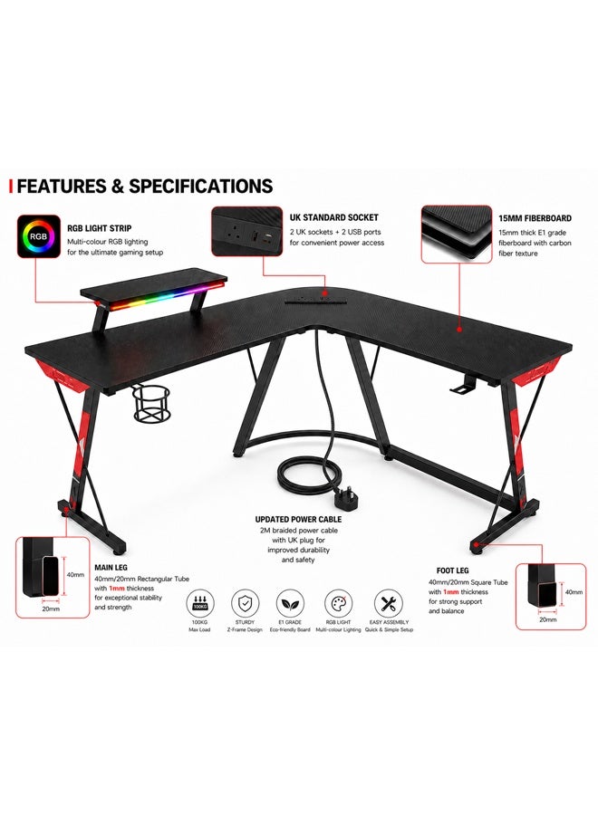 KLNAMAEAAN L-Shaped Gaming Desk with RGB LED Lights, Power Outlet & USB Ports, 15mm Carbon Fiber Desktop, Monitor Stand, Cup Holder, Corner Computer Desk for Gaming, Home Office & Study Room - Image 3