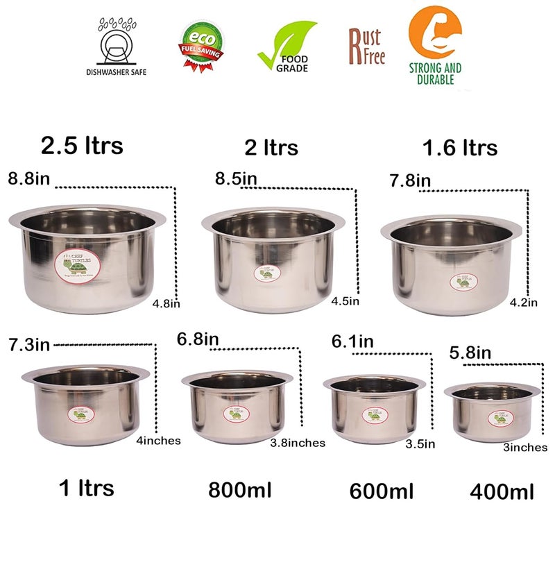 Chef Turtles Stainless Steel PatilaBhagonaPateliTope Set Without LID 7 pcs Tope Set with Capacity of 400ml 600ml 800ml 1liter 16ltrs 2l and 25liters Round Base Gas Stove Friendly - Image 3