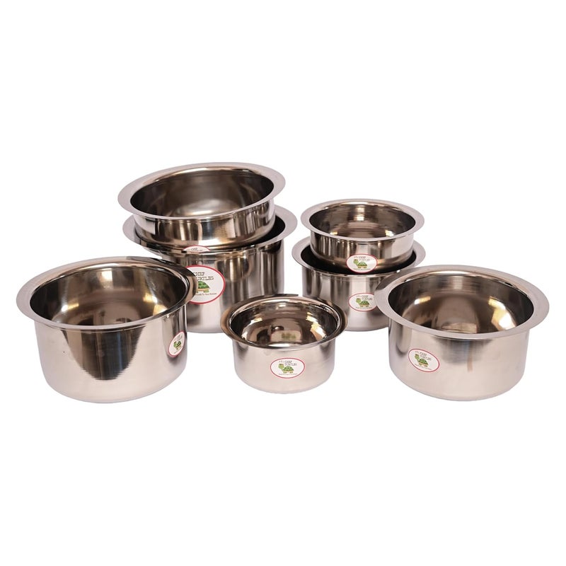 Chef Turtles Stainless Steel PatilaBhagonaPateliTope Set Without LID 7 pcs Tope Set with Capacity of 400ml 600ml 800ml 1liter 16ltrs 2l and 25liters Round Base Gas Stove Friendly - Image 2