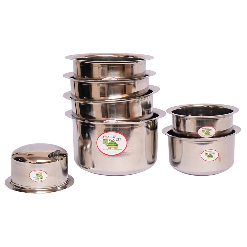 Chef Turtles Stainless Steel PatilaBhagonaPateliTope Set Without LID 7 pcs Tope Set with Capacity of 400ml 600ml 800ml 1liter 16ltrs 2l and 25liters Round Base Gas Stove Friendly - Image 1