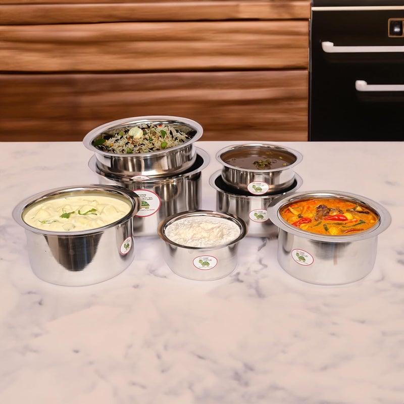 Chef Turtles Stainless Steel PatilaBhagonaPateliTope Set Without LID 7 pcs Tope Set with Capacity of 400ml 600ml 800ml 1liter 16ltrs 2l and 25liters Round Base Gas Stove Friendly - Image 4