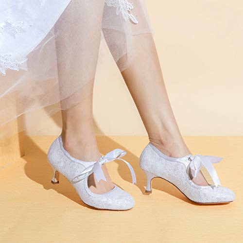 JIAJIA 140311 Women's Bridal Shoes Closed Toe Stiletto Heel Lace Satin Pumps Ribbon Tie Wedding Shoes Color White,Size 5 B(M) US/35 EU - Image 2