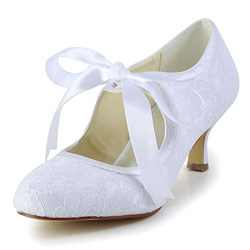 JIAJIA 140311 Women's Bridal Shoes Closed Toe Stiletto Heel Lace Satin Pumps Ribbon Tie Wedding Shoes Color White,Size 5 B(M) US/35 EU - Image 1