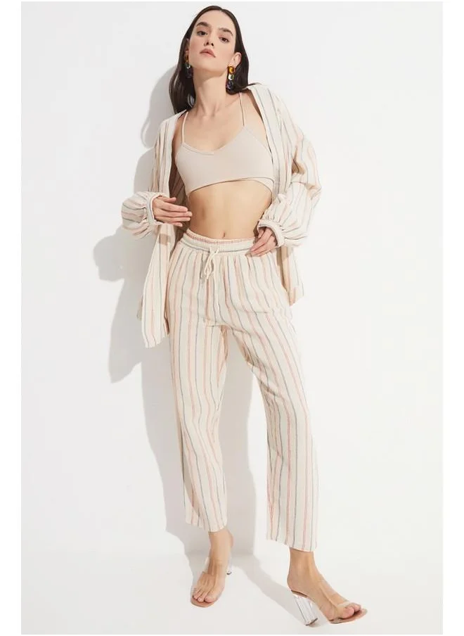 JUNE June Exclusive Elastic Waist 100% Cotton Striped Woven Trouser Beige