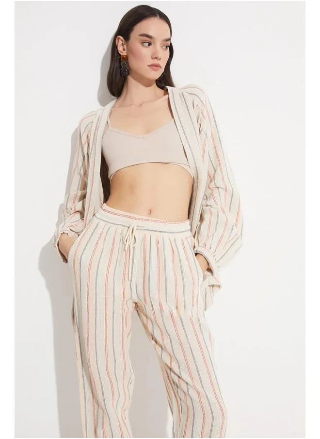 JUNE June Exclusive Elastic Waist 100% Cotton Striped Woven Trouser Beige
