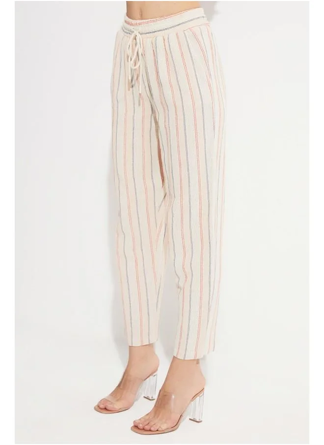 JUNE June Exclusive Elastic Waist 100% Cotton Striped Woven Trouser Beige