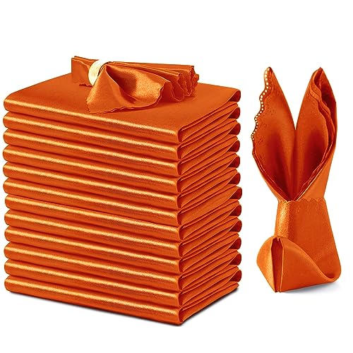 VACVELT 12 Pack Burnt Orange Satin Napkins 17x17 Inch for Wedding Elegant Dinner Square Table Decor Restaurant Banquet Graduation Party Scalloped Silky Cloth - Image 1