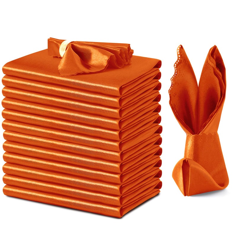 VACVELT 12 Pack Burnt Orange Satin Napkins 17x17 Inch for Wedding Elegant Dinner Square Table Decor Restaurant Banquet Graduation Party Scalloped Silky Cloth - Image 2