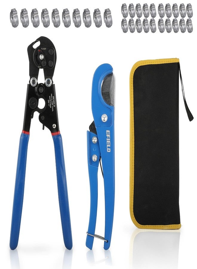 EFIELD 2-in-1 Ratchet Pex Cinch Crimping Tool with Removing Function for Stainless Steel Clamps from 3/8" to 1" with Pipe Cutter 20pcs 1/2", 10 pcs 3/4" Clamps in Canvas Bag,(TOOL052) - Image 1