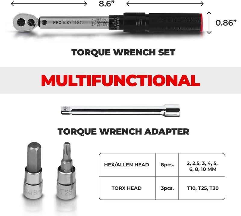 Pro Bike Tool مجموعة مفاتيح عزم الدوران ومفك عزم الدوران - أداة دقيقة لصيانة الدراجات - 1/4 بوصة - من 2.2 إلى 16.9 نيوتن متر - مجموعة كاملة مع مفاتيح ألين، توركس، وامتداد - مع حقيبة واقية - Image 3