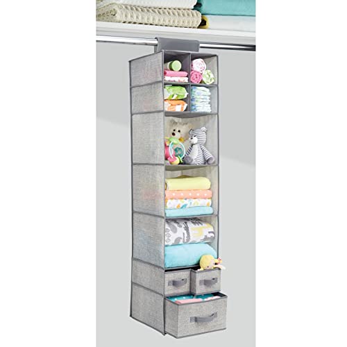 mDesign Fabric Hanging Organizer - Over Closet Rod Storage - 7 Shelves/3 Removable Drawers for Baby Nursery Bedroom Organization - Hold Clothes, Linens, Toys, Accessories - Lido Collection - Gray - Image 3
