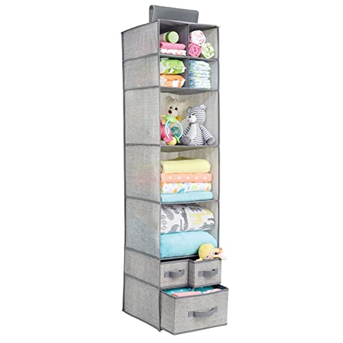 mDesign Fabric Hanging Organizer - Over Closet Rod Storage - 7 Shelves/3 Removable Drawers for Baby Nursery Bedroom Organization - Hold Clothes, Linens, Toys, Accessories - Lido Collection - Gray - Image 1
