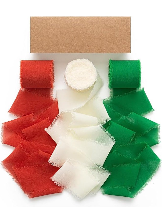 Zeemey 3 Rolls Ribbons Handmade Fringe Chiffon Silk Ribbon 1 1/2 Inch x 7Yd Set for Wedding Invitations Bridal Bouquets Gift Wrapping Green Red & White(4cm*5m)  - Image 1